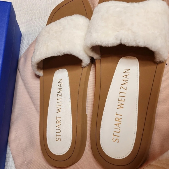 NWT Stuart Weizmann Cammy Shearling White Slides Sandals Size EU 38.5 - Picture 3 of 14